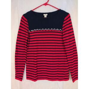 J.Crew Red and navy blue Breton striped beaded wool knit top Med Coastal Preppy